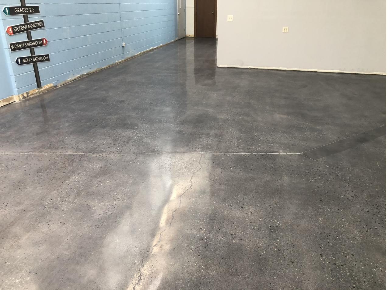 Polished concrete hallway inside a church building